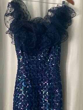 Vintage 80s Blue Iridescent Sequin Dress Ruffle Tulle Glam Cocktail Prom Size 6